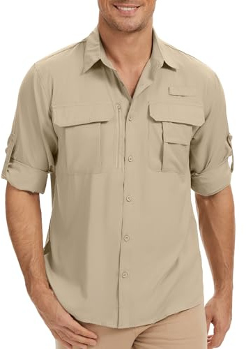Moorlan Men's Long Sleeve Safari Hiking Shirts with UV Protection Lightweight Quick Dry Breathable Button Down Shirt with Pockets for Outdoor Fishing Travel （2002，Khaki，3XL