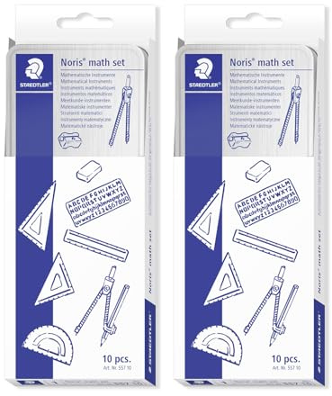 STAEDTLER Set di geometria in astuccio metallico – Set da disegno da 20 pezzi con compasso e accessori – Kit scolastico con righello, squadre e maschera – Set completo per lavori precisi
