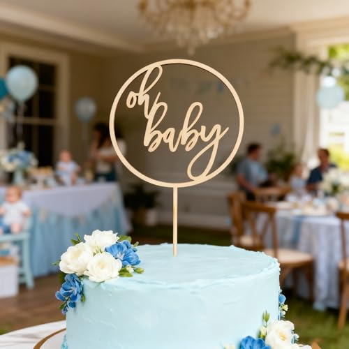 Oh Baby Cake Topper - Wooden Baby Shower Cake Decorations For Rustic Theme Gender Reveal Party Boy or Girl Booth Props Party Photo Decorations, Round Design (WOOD2)