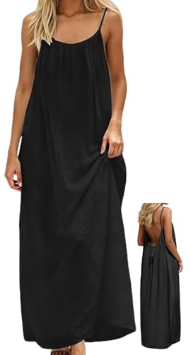 NobSuit Robe d'été longue pour femme, aspect lin, bretelles spaghetti et dos nu, avec cordon de serrage, pour salon, vacances et loisirs, taille S à 5XL
