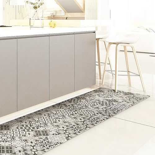 CREARREDA Köksmatta 180 x 50 cm Grå vinyl halkfri och tvättbar Vinyl Pentry, Halkfri och tvättbar köksvagn 100% tillverkad i Italien, 83619