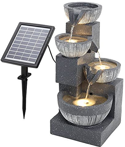 BTGGG Solarbrunnen für Draussen, 4-Stufiger Springbrunnen Solar mit LED Beleuchtung, Solar Springbrunnen für Außen, Gartenbrunnen Zimmerbrunnen Wasserspiel Solar für Garten, Terrasse, Balkon Deko