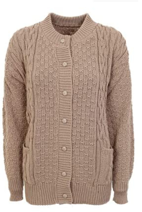 GirlzWalk New Women Cable Knit Long Sleeve Button Up Crew Neck Aran Type Sweater Ladies Cardigan (16-18, Stone)