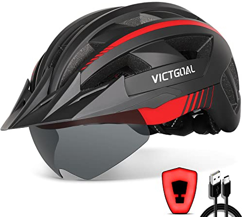 VICTGOAL Bike Helmet with USB Rechargeable Rear Light Detachable Magnetic Goggles Removable Sun Visor Mountain & Road Bicycle Helmets for Men Women Adult Cycling Helmets (M: 54-58 cm, Black Red)