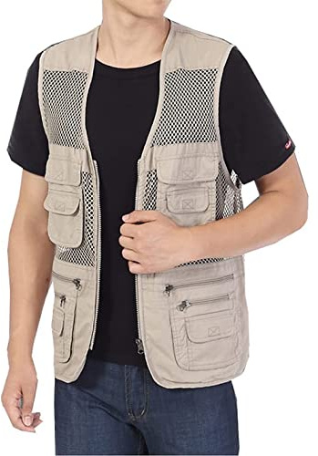 Sukany Men's Summer Safari Fishing Utility Vest Outdoor Mesh Work Photography Travel Hiking Multi-Pockets Waistcoat Jacket Khaki S