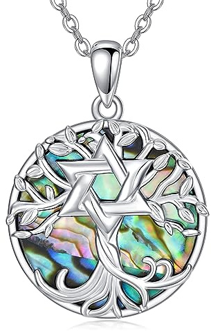 YAFEINI Collar de plata de ley 925 con diseño de árbol de la vida, con colgante de loto y estrella de David, con forma de árbol de cristal y concha de abulón, regalo para mujeres y niñas, madre e hija