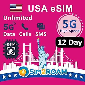 Tarjeta eSIM prepagada (red T-Mobile) | Internet ilimitado 5G/4G en EE.UU. (Hawái incluido) + datos reducidos en Canadá y México | Llamadas y SMS ilimitados entre EE. UU., CA y MX | 12 días