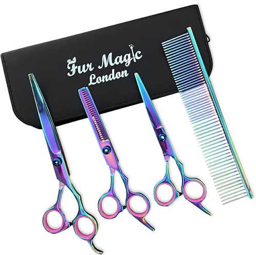 Fur Magic Dog Grooming Scissors Set, 4 Pieces Stainless Steel Grooming Products for Dogs and Cats with Straight Shears, Thinning Shears, Curved Scissors and Grooming Comb