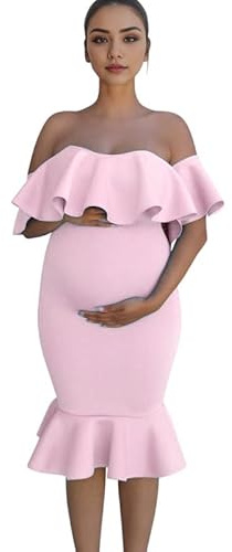 Runstarshow Maternity Dress Photoshoot Off Shoulder Bodycon Ruffled Pregnancy Dress Baby Shower Gown for Pregnant Women Photography Props Solid Color Size S-XL