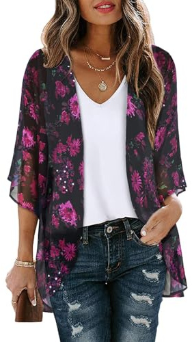 Cárdigans Tipo Kimono De Gasa De Verano Para Mujer: Talla Grande, Manga 3/4, Chal, Blusa Midi Floral Suelta, Camisa Drapeada Bohemia, Capas Ligeras De Ropa Turística De Playa Hawaiana, Flores Morad