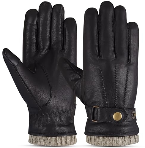 The AMA LOOK Men’s Genuine Winter Leather Driving Gloves, Fleece Lined Leather Driving Gloves for Men, Touch Screen Casual Outdoor Gloves (Black/Beige, M)