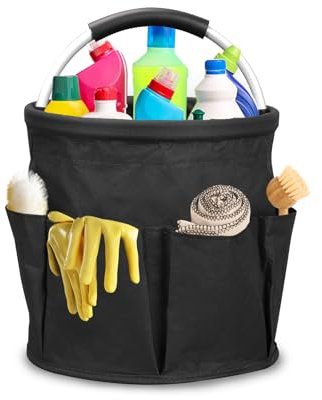 BigKing Bolsa de almacenamiento plegable para cubo de limpieza, cesta de limpieza plegable de tela Oxford, con 6 bolsillos exteriores para la limpieza, accesorios de limpieza del hogar (negro)