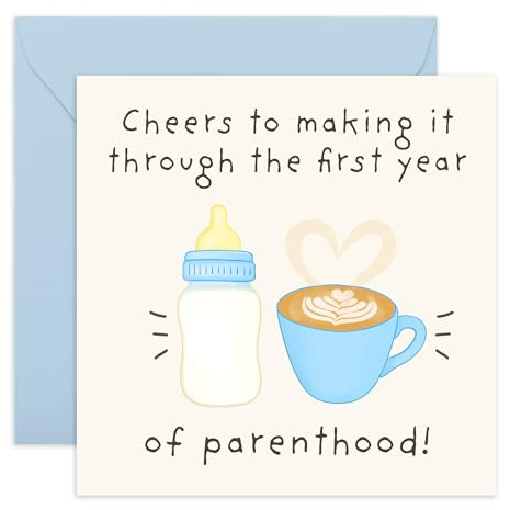 First Year of Parenthood Congratuations Card - Cheers to Making It Through - New Parents Greeting Card for Mum and Dad, Brother, Sister, Colleagues - Parenting Milestone Celebration