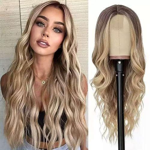 Pelucas Rubia Largas Onduladas de Marrón a Rubio para Mujeres Peluca Ombre de Pelo Sintético Natuaral Peluca, Pelucas Naturales Encantadoras para Halloween/Navidad