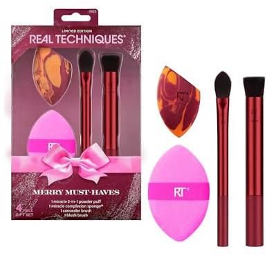Real Techniques Merry Must-Haves 4-Piece Set with Miracle Complexion Sponge, 2-in-1 Powder Puff, Kitten Paw Concealer Brush & Filtered Cheek Brush, Vegan, Cruelty-Free, Flawless Makeup Tools