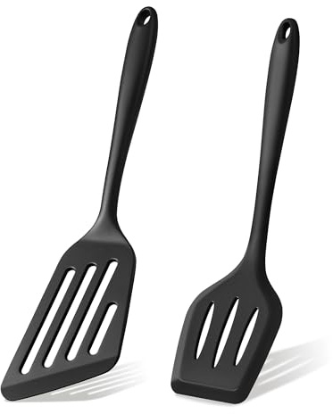 Onader Pfannenwender 2er Set, Silikon Küchenhelfer mit Schlitzwender zum Braten Wenden, Antihaft Spatula Bratwender für Fisch & Fleisch, Hitzebeständig Küchenutensilien, Spülmaschinenfest, Schwarz