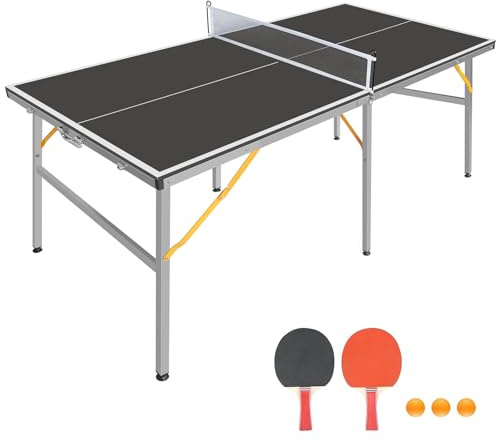 6FT Folding Table Tennis Table, Indoor/Outdoor, Black, with Net, 2 Bats & 3 Balls