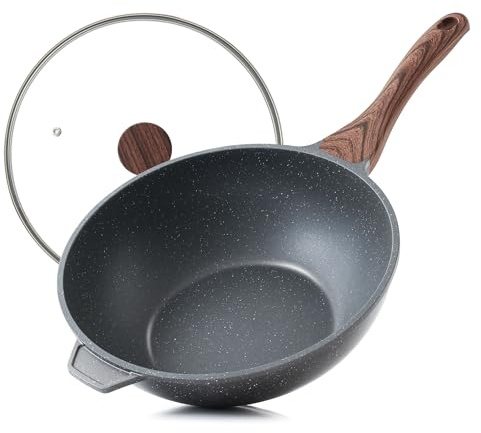 SENSARTE Wok Antiaderente 28 cm con Coperchio, padella pietra per induzione