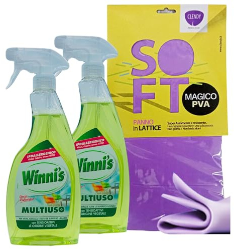 SET: 2x Detergente Spray MULTIUSO Per Vetri, Cristalli e Tutte Le Superfici Lavabili. Ipoallergenico, Con Tensioattivi Di Origine Vegetale 500ml + Panno In Lattice SOFT, Formato 30x30cm