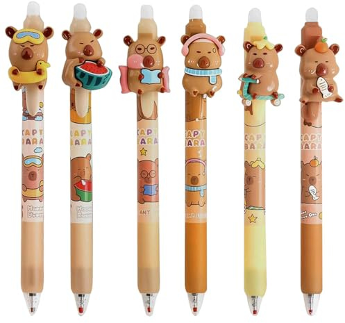LEMONSTONE 6 stycken raderbara kulspetspenna, tecknade Capybara mönster, raderbara pennor, suddgummi med raderbart bläck, 0,5 mm radergummipenna, raderbar kulspetspenna för skolkontor (svart)
