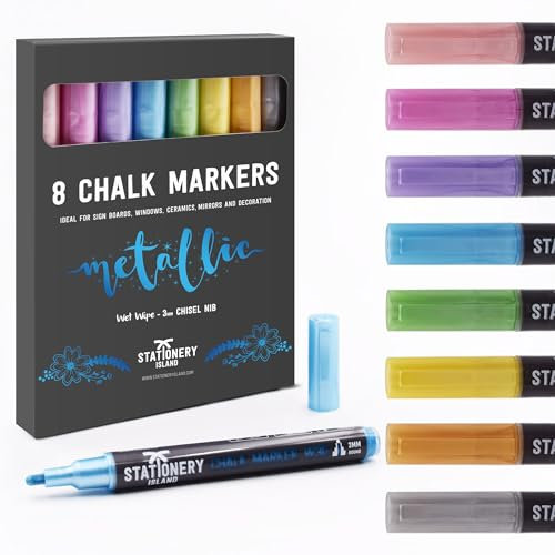 STATIONERY ISLAND Kreidestifte für Tafel Abwaschbar, Metallisch Kreidestift für Fenster, 8 Farben Kreidemarker für Glas & Tafeln, Bunt Fensterstifte, Zeichnung, Künstler