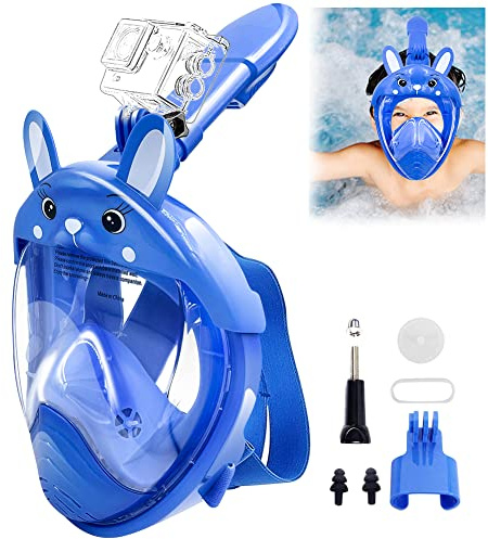 HINATAA Maschera da snorkeling per bambini, vista panoramica a 180°, per snorkeling, anti-nebbia e anti-perdite, con supporto per fotocamera rimovibile adatta per bambini dai 4 ai 10 anni (blu)