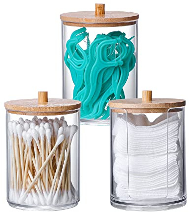 INCETUE 3PCS Cotton Pad Holder with Bamboo Lid for Bathroom Storage, Acrylic Cotton Swab Dispenser, Clear Round Cotton Wool Bud Jar for Vanity, Small Qtip Container, Makeup Organiser Set