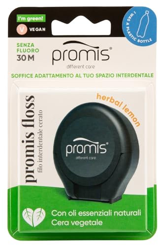 Promis Floss - Hilo dental expandible encerado, adaptaciones interdentales delicadas, probado clínicamente, aceites esenciales, sin flúor, 100% vegano, reciclado, color negro