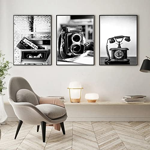 Trayosin 3er Poster Set, Wanddeko Wohnzimmer & Schlafzimmer, Schwarz Weiß Bilder Deko Vintage Poster Kameras Telefone Stilvolle Wandbilder - ohne Bilderrahmen (50x70cm)
