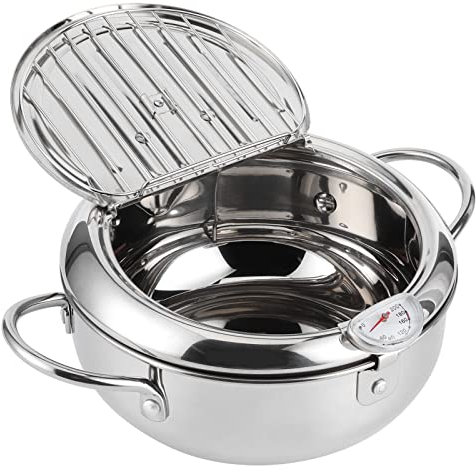 Pentola per Friggitrice, Friggitrice per Tempura in Acciaio Inossidabile in Stile Giapponese con Termometro, Coperchio e Scolagocce per Olio, per Cucina Domestica Patatine Fritte, Pesce(24cm)