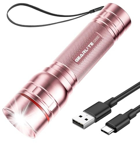 GEARLITE Lampe Torche LDE Rechargeable, Lampe de Poche 2000 Lumens 3 Modes, Zoomable Lampe Torche Tactique LED Ultra Puissante, Mini Lampe de Poche Enfant Portable Pour Cadeau Camping Urgence Rose