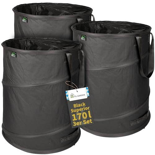 TTL Garden Black Supererior - Lot de 2 sacs de jardin Pop Up - 170 l - Double fond - 260 g/m² - Extra stables - Oxford 600D - 170 l - Pliable - Coupe verte - Auto-portante