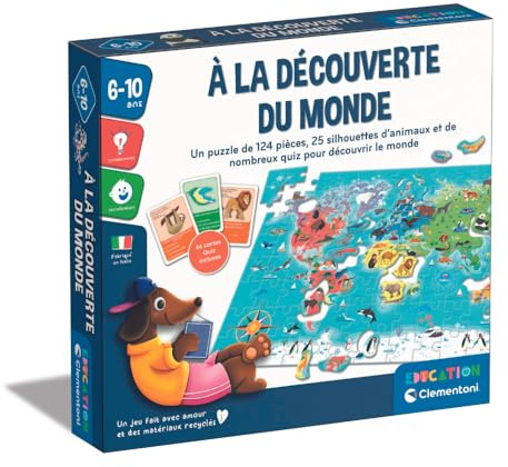 Clementoni | À la Découverte du Monde pour Enfants 6–10 Ans+ | Puzzle Planisphère 124 Pièces + Quiz Animaux | Cartes Classifications + Cherche et Trouve | Jeu Éducatif Géographie | Idée Cadeau