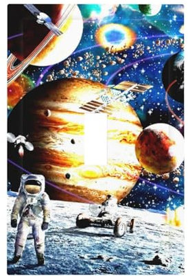 Blue Outer Space Kids Boys Rocket Planets Galaxy Astronaut Spaceman Solar Decorative Single Toggle Device Decorator Outlet Light Switch Wall Plate Cover 1-Gang Electrical Oversized Faceplate Cover