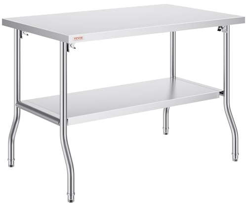 VEVOR Arbetsbord i rostfritt stål, 122 x 76 x 86 cm, kommersiellt förberedelsebord med hylla, hopfällbart köksbord i rostfritt stål, tung belastning, för matförvaring, hem, restaurang, bar, garage
