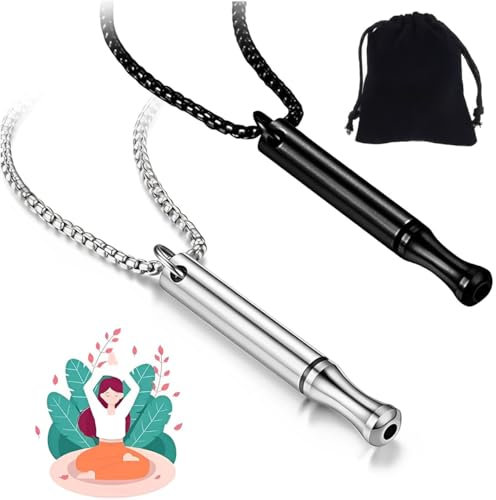 ARROMI 2 Stück Kette Mit Pfeife, Halskette Rauchfrei Original, Rauchentwöhnung Hilfsmittel, Stressabbau Kette, Atemhalskette, Ideal Für Meditation, Beruhigung, Entspannung (Schwarz+silber+tasche)