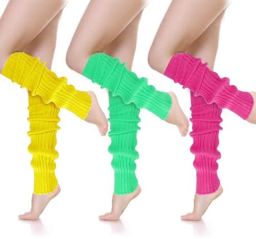 Celiodd 3 Paar Neon Stulpen für Damen - Bunt Grün Beinstulpen, 90er Beinwärmer für Ballett, Tanz, Yoga und Den Alltag