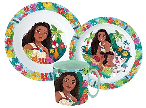 Sorrisini Återanvändbar barnservis Vaiana, Middagsset för småbarn, skål barn, skålar plast set, middagsset barn, Avvänjning med tallrik, flingskål kopp,Tallriksset Vaiana Wow