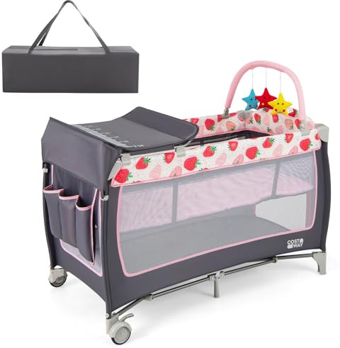 COSTWAY 4 in 1 Foldable Travel Cot, Portable Baby Bed Playard with Bassinet, Changing Table, 3 Hanging Toys, Lockable Wheels & Carry Bag, Infants Nursery Center Crib for Newborn (Strawberry Pink)
