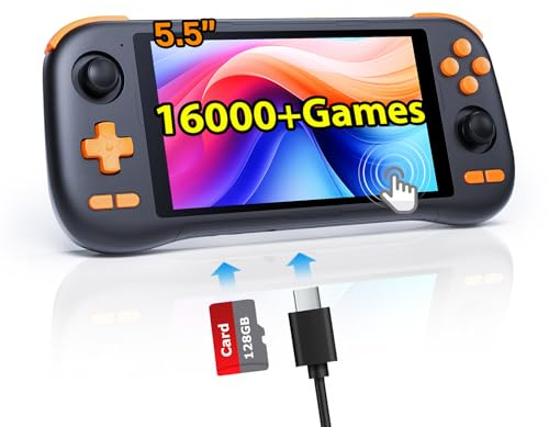 Kinhank K56 Retro Handheld Game Console Built-in 16000+ Games,Android 14.0 Portable Game Console,5.5 inch Touch Screen,6GB RAM+128GB ROM,5000mAh Battery,WiFi 5.0,BT5.0,Hall Rocker (128GB)