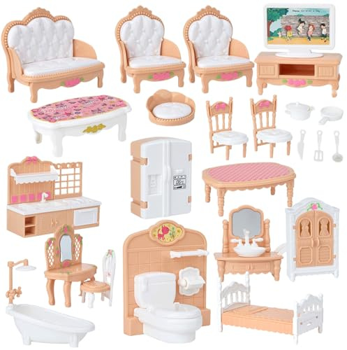 Meubles de Maison de poupée 4 Ensembles Meubles Maison poupée réalistes, Accessoires Miniatures pour Enfants, Chambre à Coucher, Salle Bain, Bricolage, Jeu Simulati