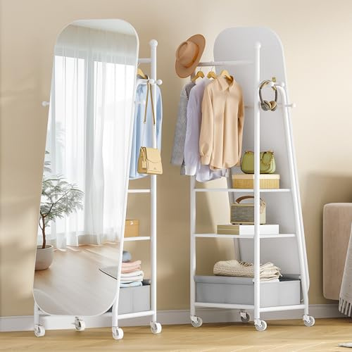 Hzuaneri Ganzkörperspiegel, Standspiegel mit Kleiderständer, 165 x 50 × 45cm, 360° Drehbare Rollen, Großer Spiegel mit Aufbewahrungsbox und Haken, für Schlafzimmer und wohnzimmer, Weiß DM41703W
