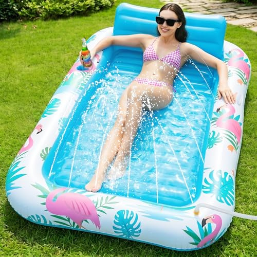 Inflatable Tanning Pool Lounger Float with Sprinkler, 77 x 48 Pool Float Adult with Pillow & Cup Holder, Sunbathing Blow Up Tanning Bed, Suntan Tub Raft Floatie for Backyard Summer Water Party