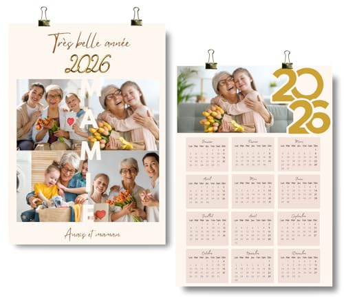 Bonne Année 2026 Mamie Cadeau Personnalisé Grand Mère Nouvel An Calendrier 2026 Photos Famille Personnalisable Affiche Plastifiée recto verso format A4 21cm x29,7cm
