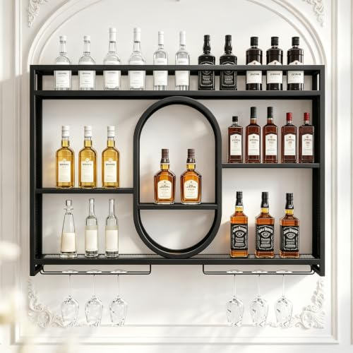 Botellero de Pared, Estante Metálico de 3 Niveles | Moderno estante de pared para bar, estante de metal de 3 niveles, estante de hierro multifuncional para champán, copas y vino