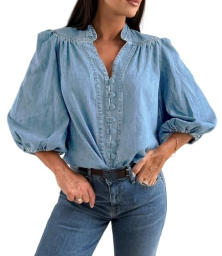 Vintage jeansblus för kvinnor, V-hals, 3/4-ärmar med puffärmar, knappslå