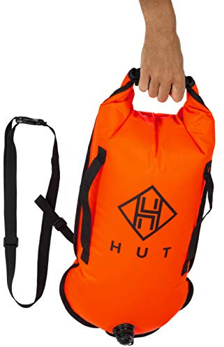 HUT Swim Buoy Dry Bag 28L - Premium Tow Float and Watertight Dry Bag for Open Water Swimmers, Triathletes. High Visibility Safety Swim Buoy, Two air Chambers – be seen be Safe (Orange 28l)