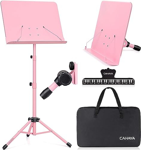 CAHAYA Atril Musica Extensible & Atril Sobremesa 2-EN-1 Soporte para Partituras Plegable con Altura Ajustables de 80-145cm Incluye Bolsa de Transporte y Clip para Partituras Color Rosa Modelo CY0194-1