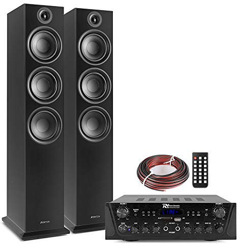 Fenton SHF80B 3-Way Tower Speaker System Pair with PV220BT Bluetooth Home Audio Amplifier, Hi-Fi Stereo Sound System for Home Cinema, Karaoke, Music, TV Connectivity - Black
