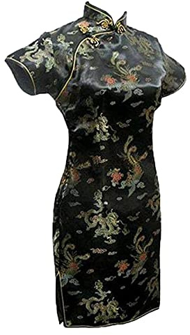 Vintage drake och fenix kort Qipao eleganta kvinnor Cheongsam mandarin krage sexig mini kinesisk klänning överdimensionerad svart 1, Svart 1, S